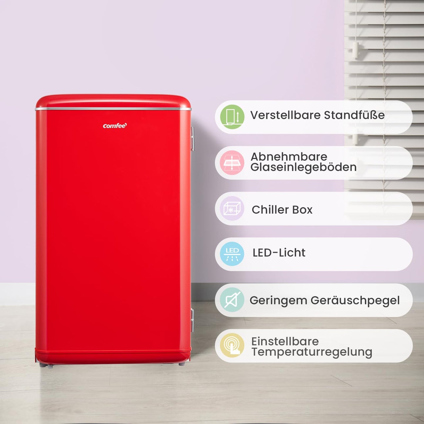 Comfee' RCD93RE2EURT(E) Kühlschrank Klein, 93 Liter Retro Kühlschrank, Mini kühlschrank mit verstellbare Thermostat, Silent, geeignet für Zuhause, Büro und Hotel, Rot