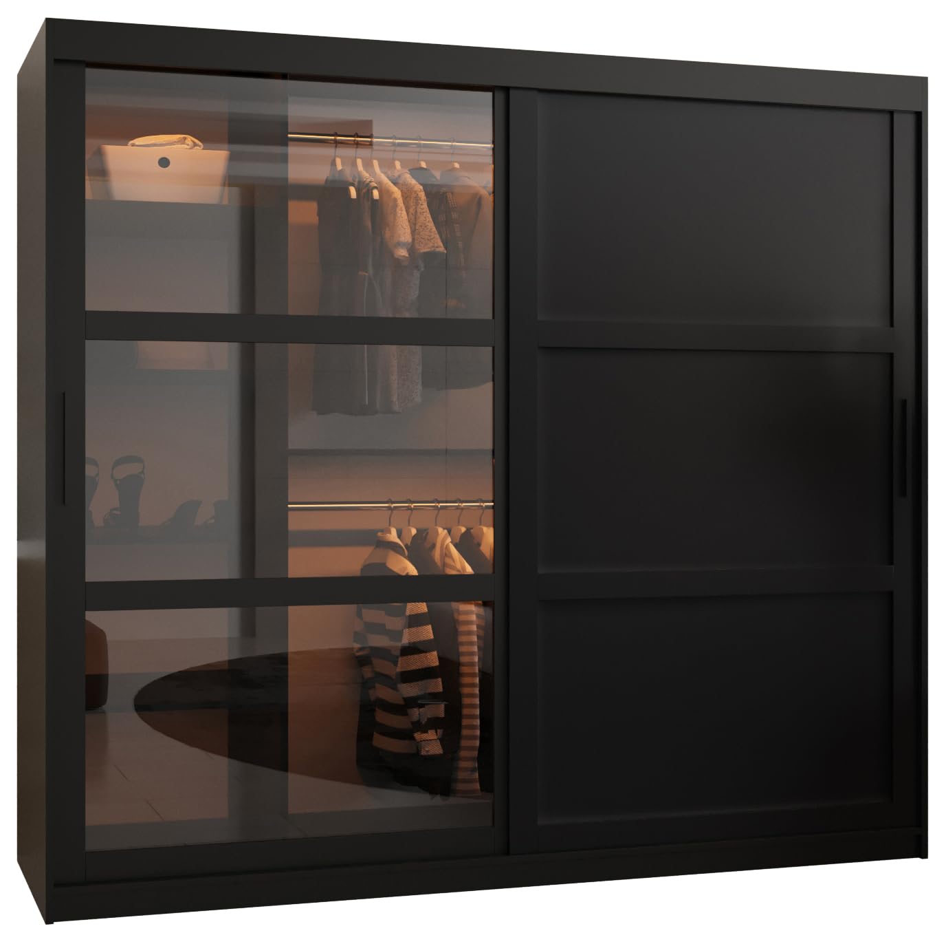 MEBLE KRYSPOL Dome 2 Schrank mit DREI Schiebetüren mit Spiegel, Stangen und Regalen - Aufbewahrungsschrank mit Rauchglas für Schlafzimmer, Wohnzimmer - 200x250x62cm - Schwarz, Schwarz, Schwarz