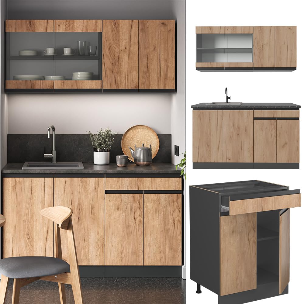 Vicco Single Kitchen R-Line, Goldkraft Oak/Anthracite, 140 cm, AP Anthracite