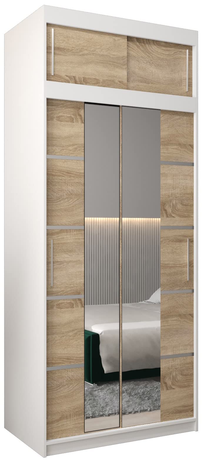 MEBLE KRYSPOL Verona 4 250 Bedroom Wardrobe Sliding Doors Cabinet with Mirror Wardrobe with Mirror Sliding Door Wardrobe Sliding Doors - 250 x 240 x 62 cm - Sonoma with Extension