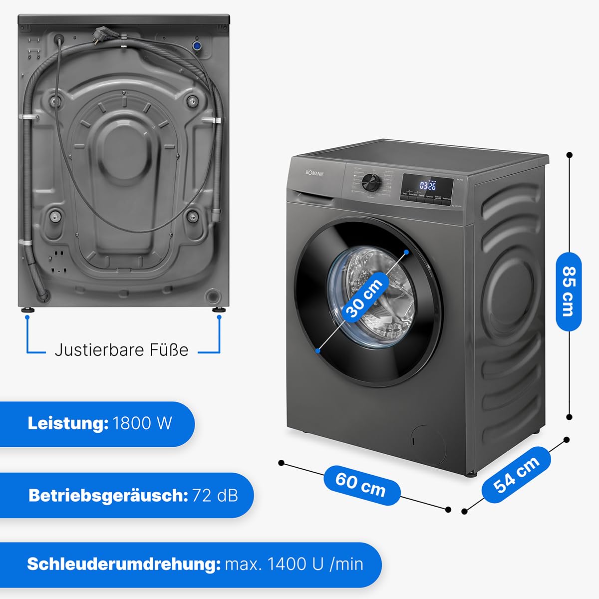 Bomann® Washing Machine 8 kg | Max. 1400 rpm | Robust, Quiet & Durable Inverter Motor | 15 Washing Programmes | LED Display | with Steam Function | WA 7185 Titanium - Black