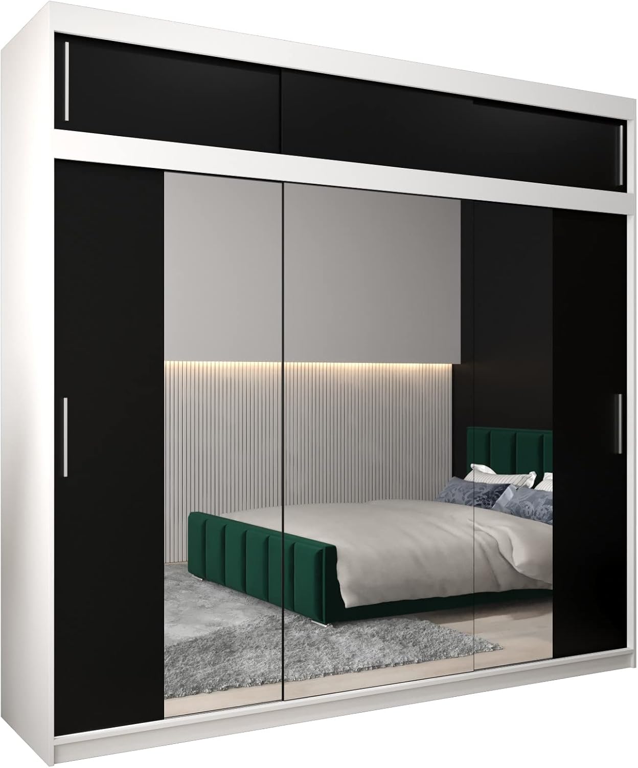 MEBLE KRYSPOL Kleiderschrank mit Spiegel Tokyo 2 - Garderobenschrank - Schrank Schlafzimmer - Mehrzweckschrank DREI Schiebetüren - Regalen - Flur Möbel - Kleiderstange Schrank - Allzweckschrank