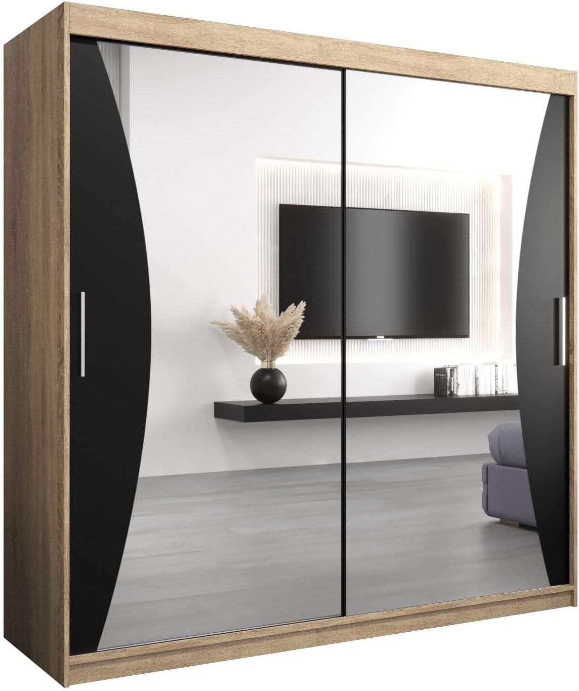 MEBLE KRYSPOL Kleiderschrank mit Spiegel Monaco - Garderobenschrank - Schrank Schlafzimmer - Mehrzweckschrank DREI Schiebetüren - Regalen - Flur Möbel - Kleiderstange Schrank - Allzweckschrank
