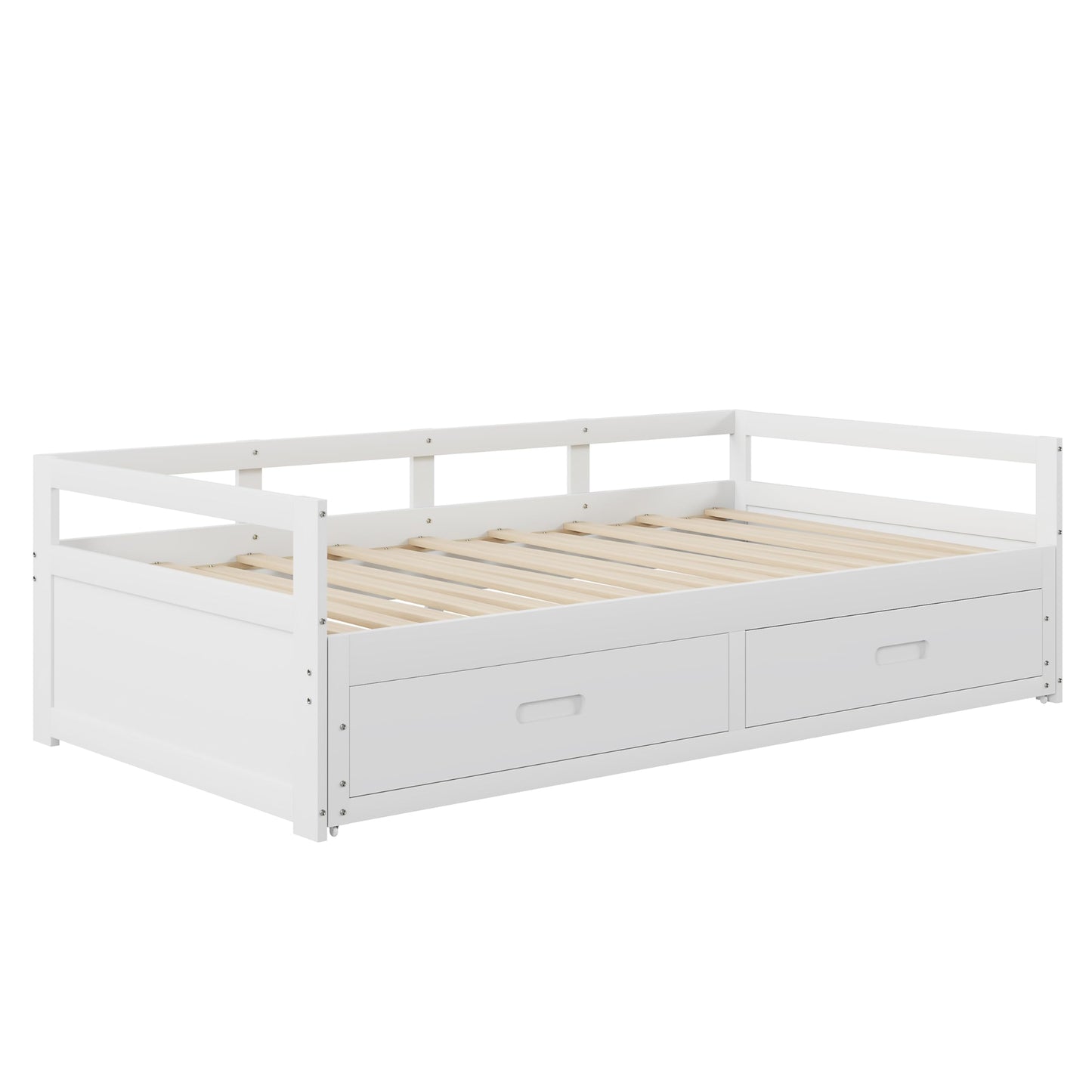 Merax Hausbett 90x200 cm mit 2 Schubladen, für 2 Kinder Doppelbett, Vielseitiges Holz Baumhausbett für Mädchen & Jungen, Stabil Spielbett Gitterbett mit Rausfallschutz und Lattenrost, Weiß