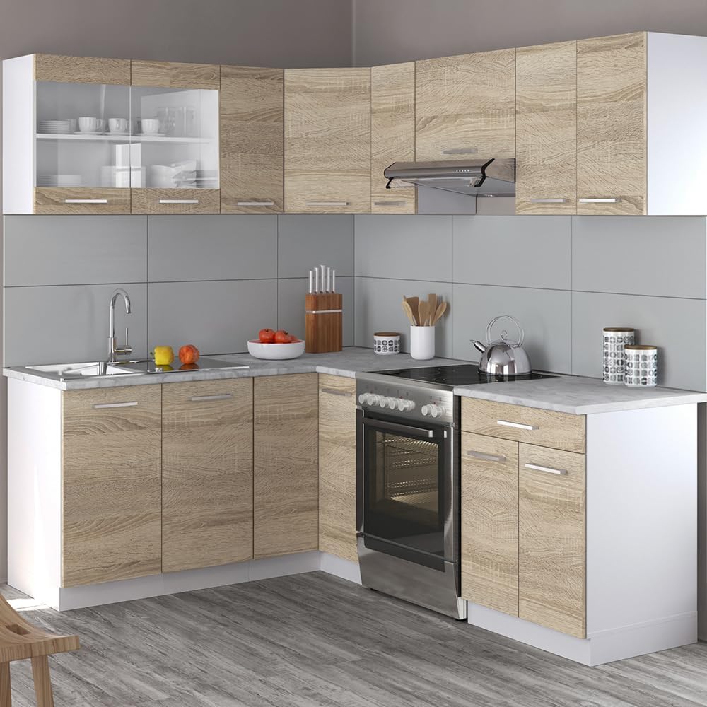Vicco Kitchen Unit L 210 cm Kitchen Block Angle Corner Built-in Sonoma Oak - Freely Combinable Units - R-Line