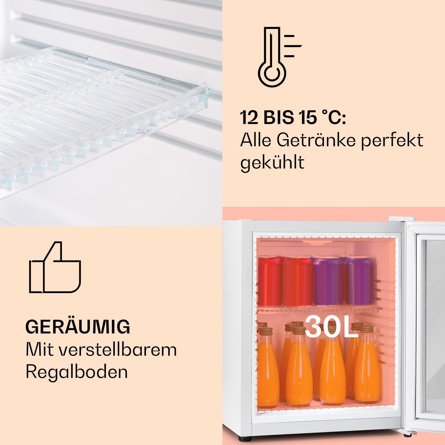 Klarstein Kühlschrank, Mini Kühlschrank mit Glastüre, Mini-Kühlschrank für Getränke, Snacks & Kosmetik, Kühlschrank Klein & Leise, Verstellbare Ablagen, Kleiner Skincare Kühlschrank 12-18°C, 23L
