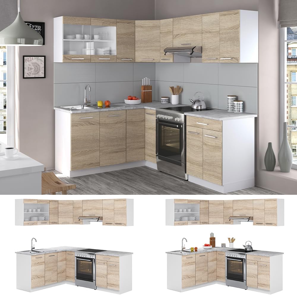 Vicco Kitchen Unit L 210 cm Kitchen Block Angle Corner Built-in Sonoma Oak - Freely Combinable Units - R-Line