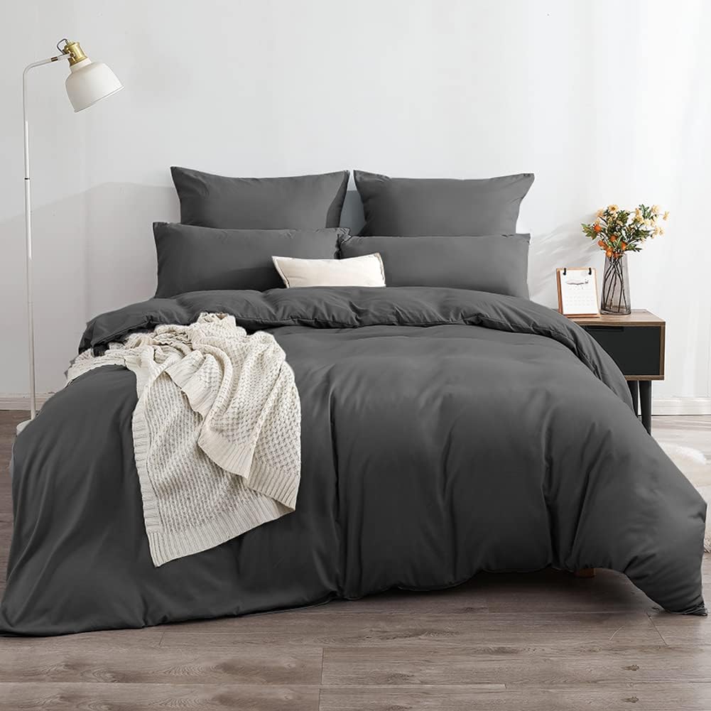 Soifox Bed Linen Set, Grey Anthracite, Microfibre, Non-Iron and Wrinkle-Free Duvet Cover 200 x 200 cm with Set of 2 Pillowcases 80 x 80 cm, Bed Linen with Zip