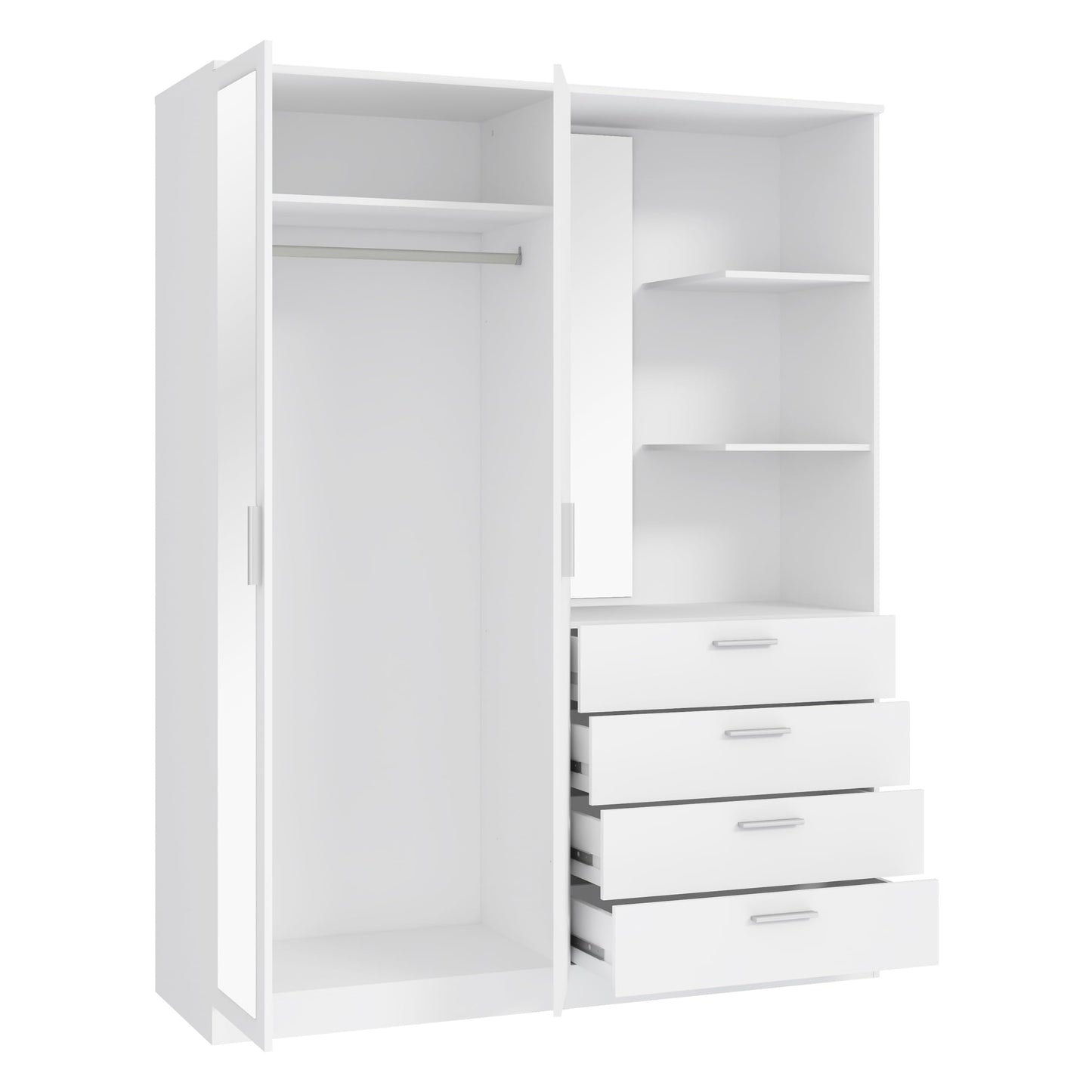 FORTE DEWANIA Kleiderschrank 160, Schrank mit offenen Regalfächern und Spiegel, Holzwerkstoff, Weiß, 159,3 cm breit, 203,4 cm hoch, 52,7 cm tief