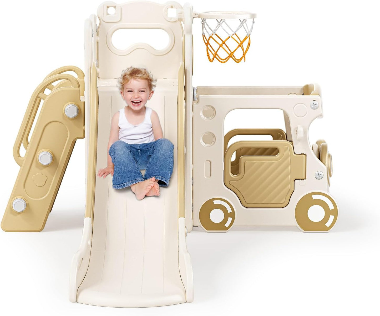 Children's Slide, Large Toddler Slide with Basketball Hoop, Climbing Frame for the Garden, Telescope, Storage Space, for 1-3 Years, Extra Long 1700 mm (7-in-1 Elk Slide Active Model (Khaki)))