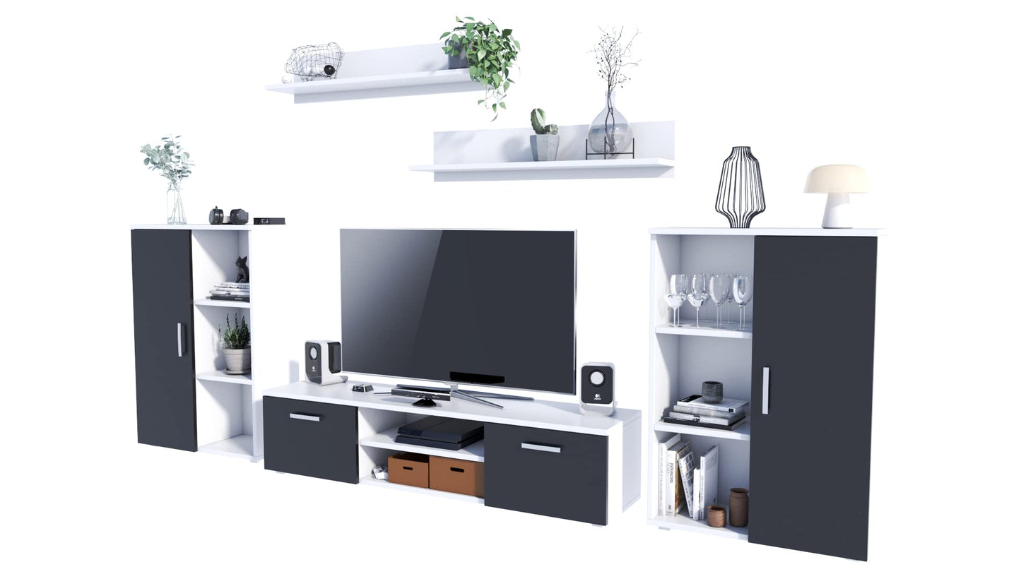 MATKAM Herkules II Wall Unit, Modern Living Room Cabinet with TV Table, Sideboard and Wall Shelf, Living Room Complete Furniture (White/Black)
