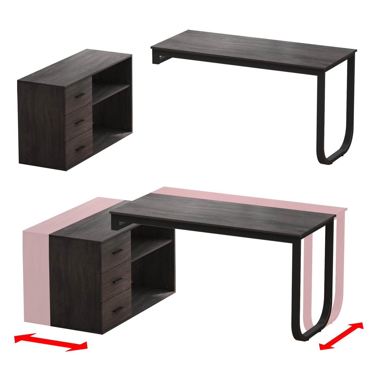 130cm Großer L Förm Schreibtisch mit 105cm Aktenschrank, Eckschreibtisch Computertisch mit 3 Schubladen & 2 Regalen, Arbeitsplatz Executive-Schreibtisch mit Lagerregal für Home Office (Schwarz)
