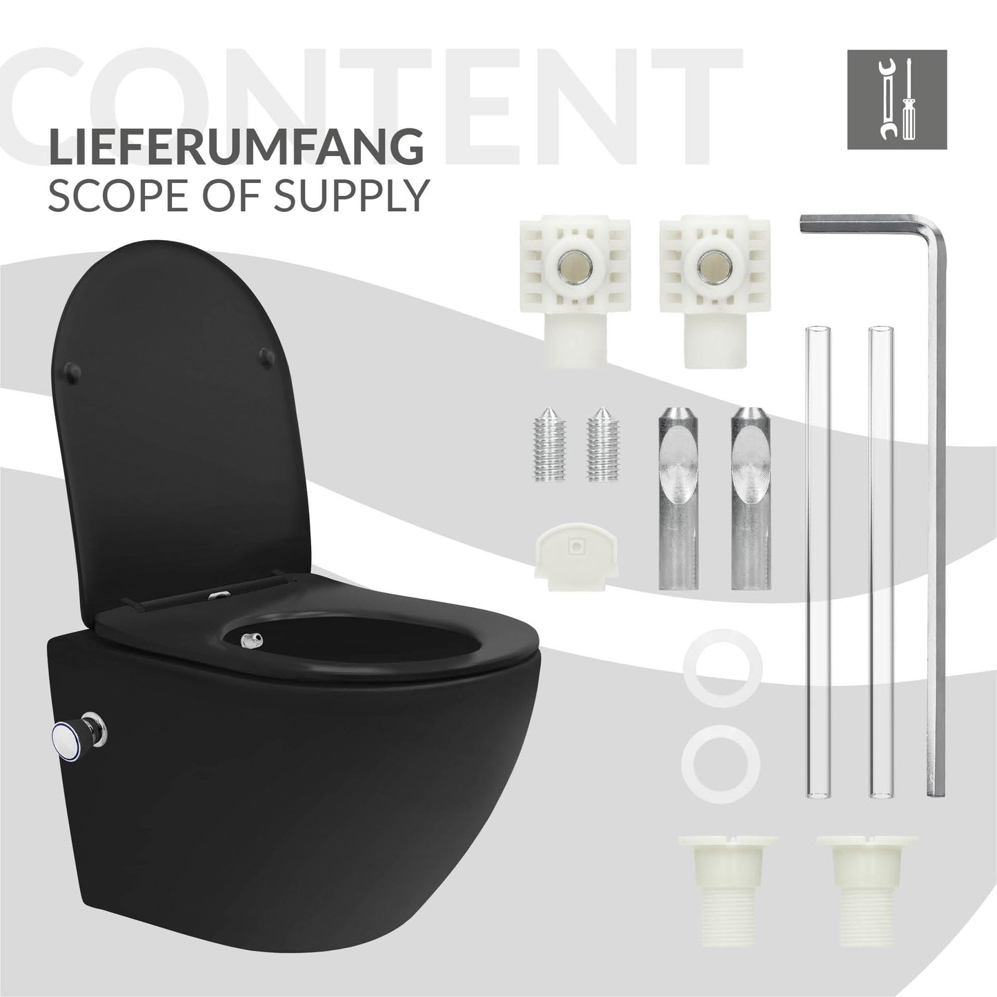 LuxeBath Wall-Mounted Toilet Rimless with Bidet Function, White, Deep Washdown Ceramic Hanging Toilet, Long 53.5 cm, Shower Toilet Nano Coating, Tornado Flush, Shiny Toilet Bowl Hanging with Toilet
