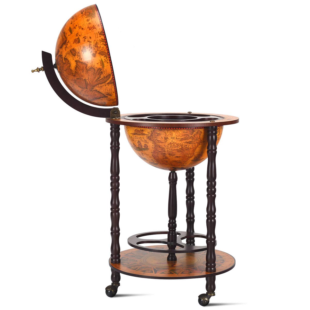 RELAX4LIFE Globe Bar on Wheels, Bar Trolley with World Globe, Bar Table Solid Wood, Serving Trolley with Wine Bottle Holder, Mobile Cocktail Bar, Antique Look, Decorative Mini Bar Serving Table