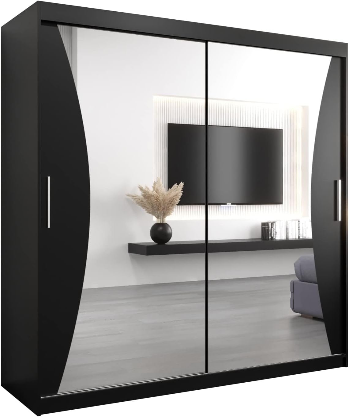 MEBLE KRYSPOL Kleiderschrank mit Spiegel Monaco - Garderobenschrank - Schrank Schlafzimmer - Mehrzweckschrank DREI Schiebetüren - Regalen - Flur Möbel - Kleiderstange Schrank - Allzweckschrank