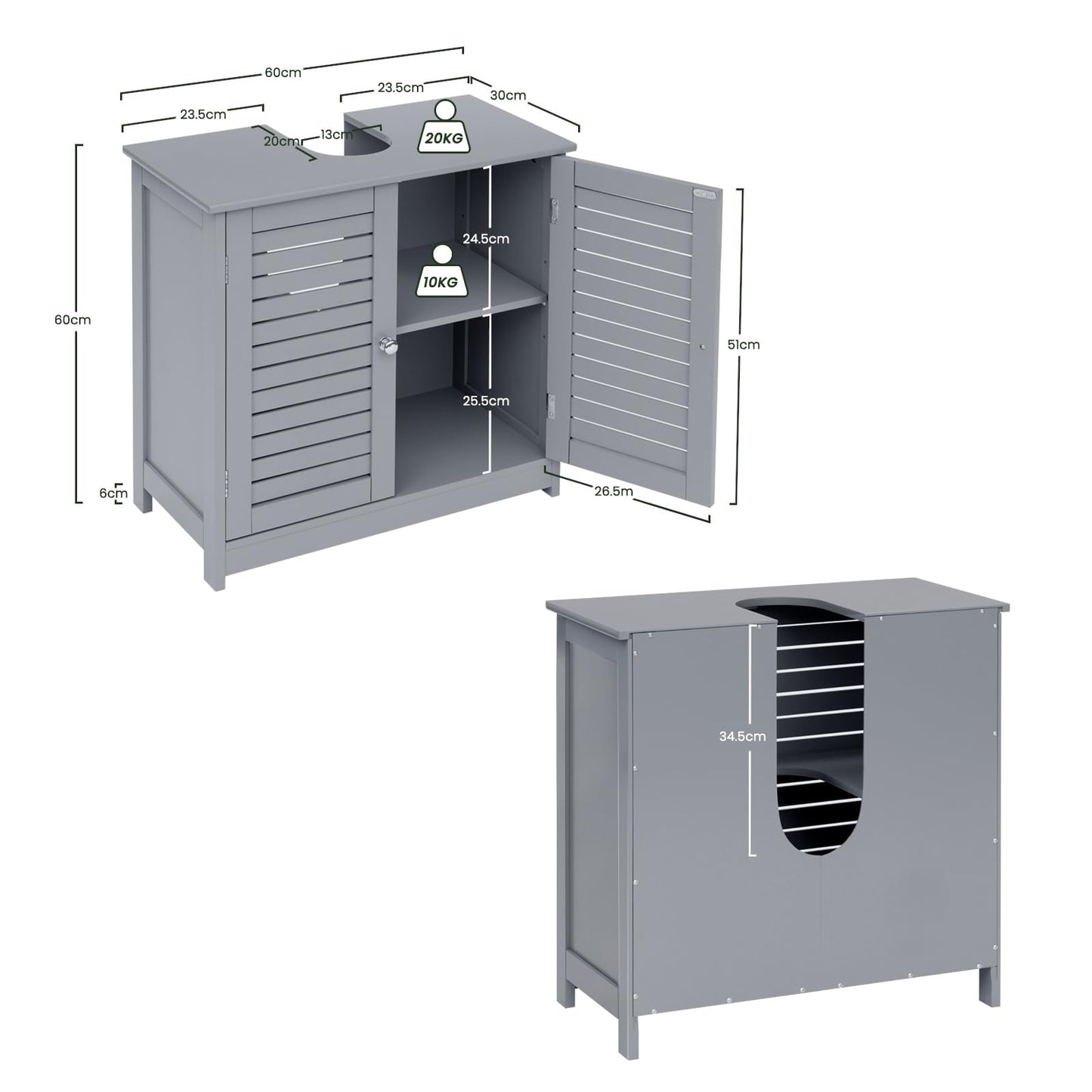 EUGAD Under Basin Vanity Unit Bathroom Cupboard with 2 Doors 60 x 30 x 60 cm, Bamboo