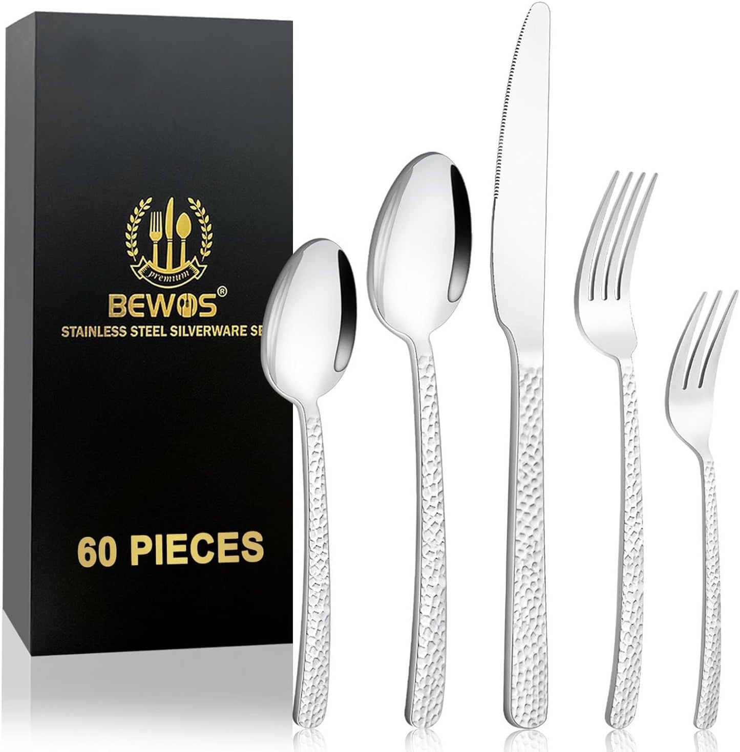 BEWOS Besteckset für 6 Personen, 30-teiliges Besteckset aus Edelstahl, Besteckset aus Silber, inklusive Messer, Gabeln und Löffel, hochglanzpoliert und spülmaschinenfest