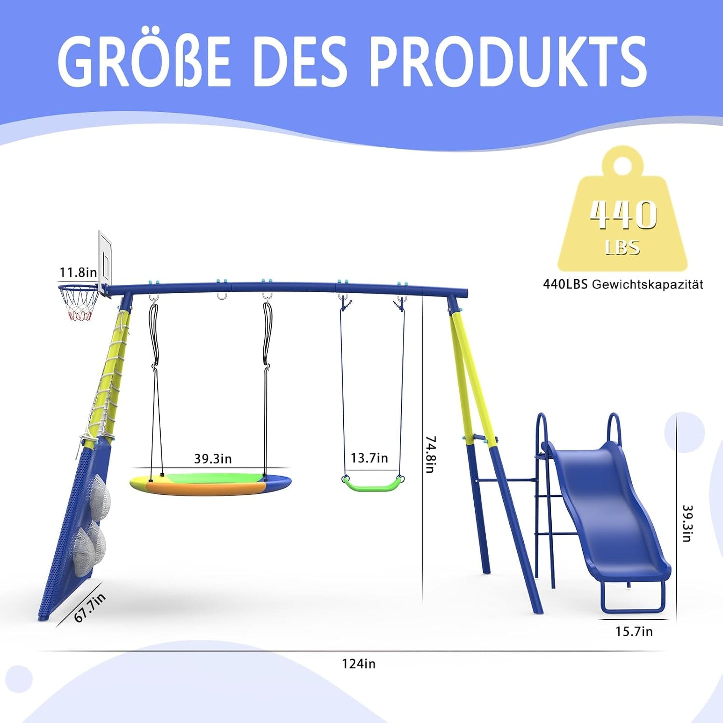 Redkid Schaukel-Sets für den Garten, Schaukel und Rutsche Set, Tragfähigkeit 440lbs 5 in 1 Outdoor-Schaukel-Set mit Rutsche, Untertasse Schaukel, Schaukel Sitz, Fußballtore und Basketballkorb