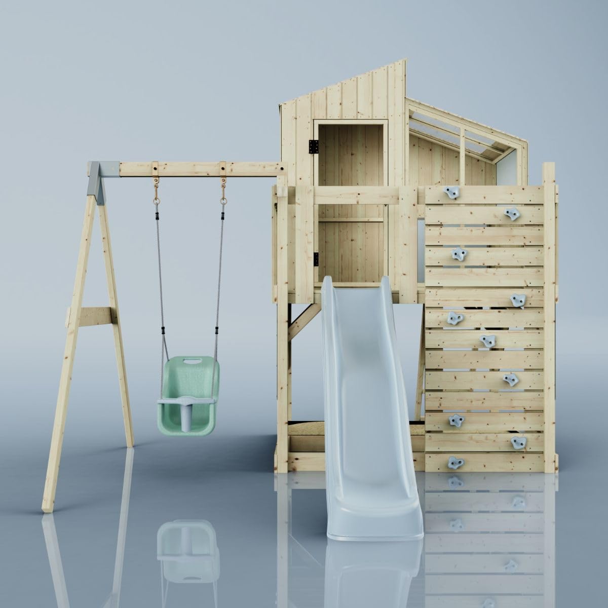 Rebo Spielturm mit Spielhaus inkl. Wellenrutsche und Kinder-Schaukel | Outdoor Klettergerüst Garten | Kletterwand und Kletterleiter | Stabile Konstruktion, Weiches Gefühl in den Seilen