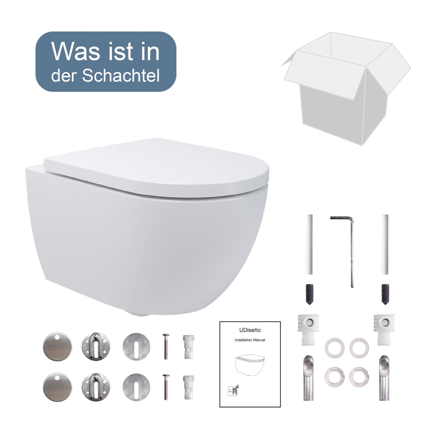 UDiseño Wall Toilet Rimless Toilet, 360° Superspin Flush Hanging Toilet, Raised Complete Set, D Shape, Low Noise Tornado Toilet Flush, UF Lid Seat with Soft-Close Mechanism, 52.5 cm Long, White