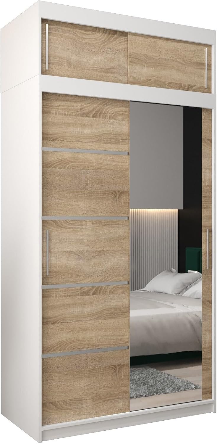 MEBLE KRYSPOL Kleiderschrank mit Spiegel Verona 2 - Garderobenschrank - Schrank Schlafzimmer - Mehrzweckschrank DREI Schiebetüren - Regalen - Flur Möbel - Kleiderstange Schrank - Allzweckschrank