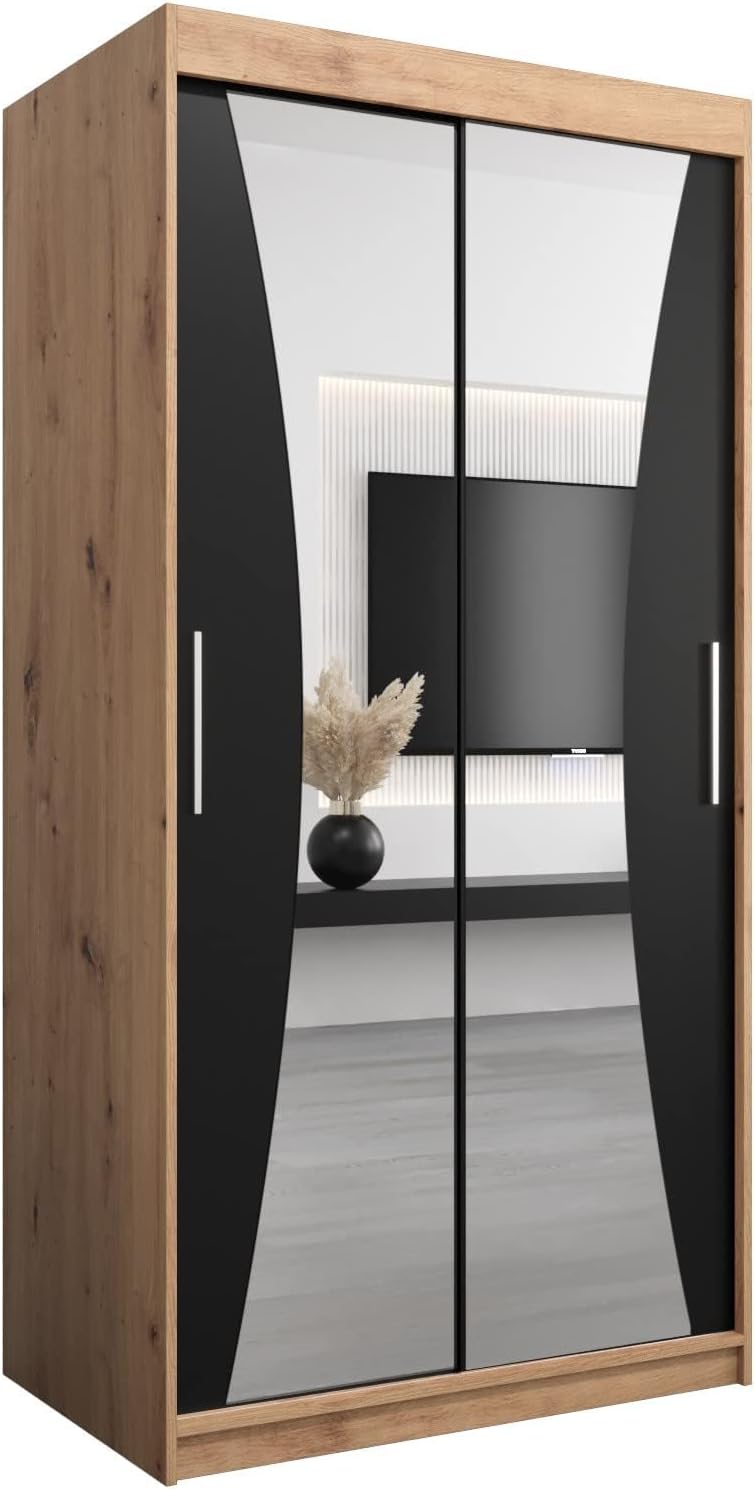 MEBLE KRYSPOL Kleiderschrank mit Spiegel Monaco - Garderobenschrank - Schrank Schlafzimmer - Mehrzweckschrank DREI Schiebetüren - Regalen - Flur Möbel - Kleiderstange Schrank - Allzweckschrank