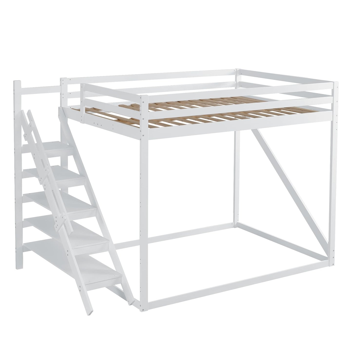 Merax Kinderbett 90x200 cm aus Holz, Multifunktionales Hochbett mit austauschbarer Treppe & Stauraum, Schubladen als Schreibtisch nutzbar, Weiß (Ohne Matratze)
