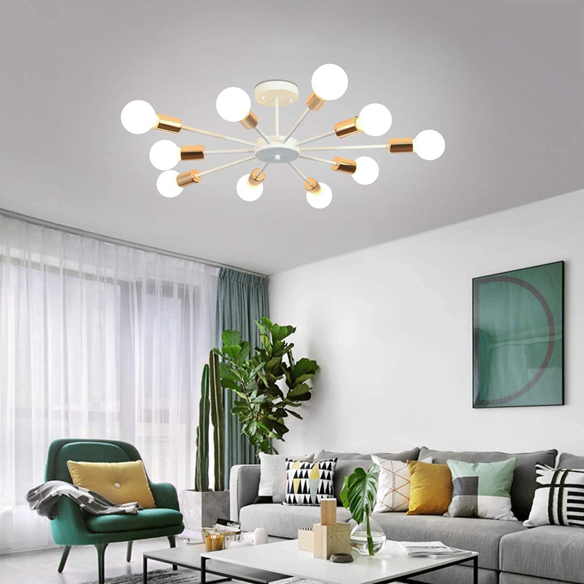 JIINOO 10 Lights Modern Chandelier Ceiling Light Gold Industrial Ceiling Lamp Medieval Semi Flush Mount Chandelier Ceiling Light for Kitchen Dining Room Living Room Bedroom Lighting