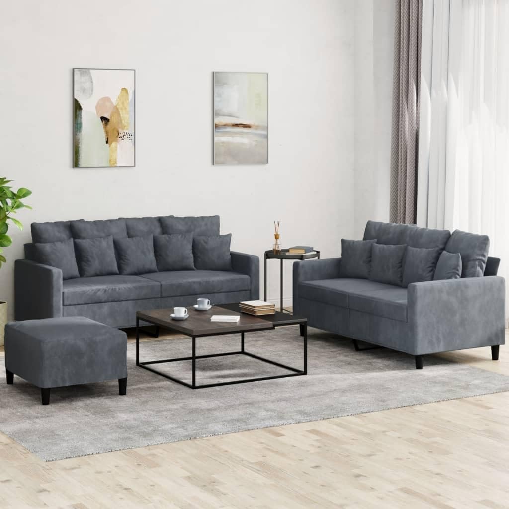 Willood 3-TLG. Sofagarnitur mit Kissen Dunkelgrau Samt,Sofa geeignet für Wohnzimmer, Sofa Set, mit Armlehnen und Kissen