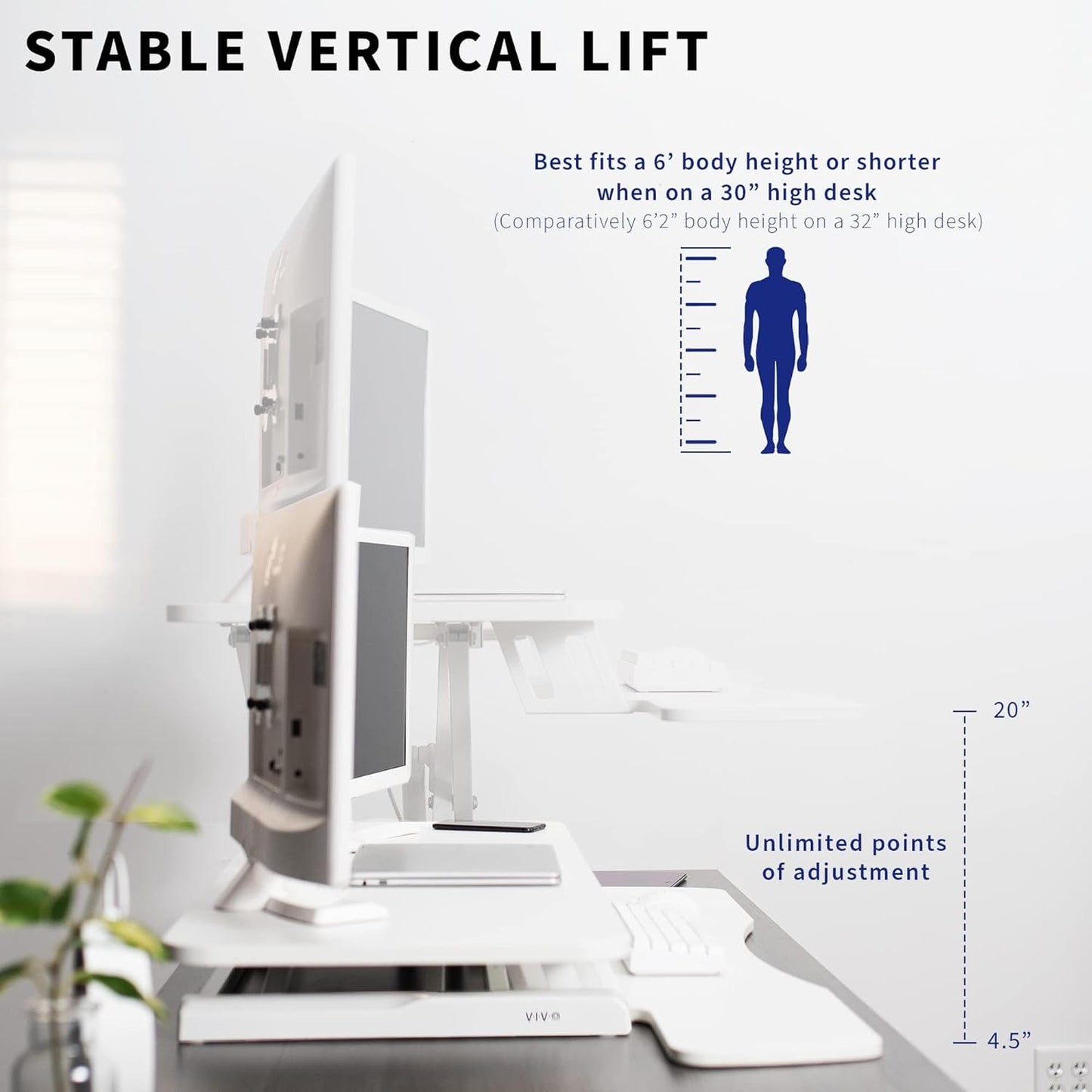 VIVO 32” Stehpult-Konverter mit höhenverstellbarem Aufsatz, Steh-Sitz-Arbeitsplatz für zwei Monitore und Laptop, mit breiter Tastaturablage, Schwarz, DESK-V000K