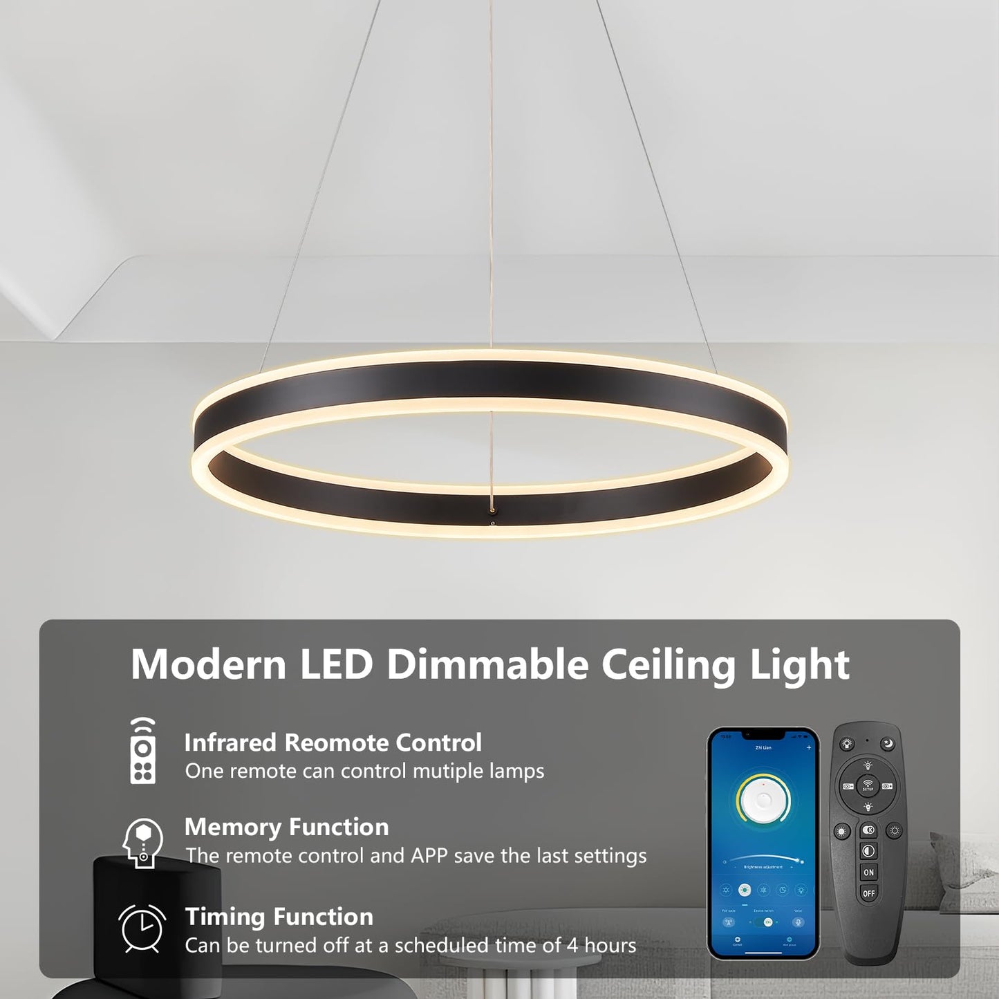 SUCIKORIO LED Pendelleuchte Esstisch, Modern LED Rund Hängelampe Esstisch Dimmbar Hoehenverstellbar 88W Aluminium Esstischlampe Hängend Mit Fernbedienung 2700K-6500K 5%-100% Helligkeit 30+40+50cm