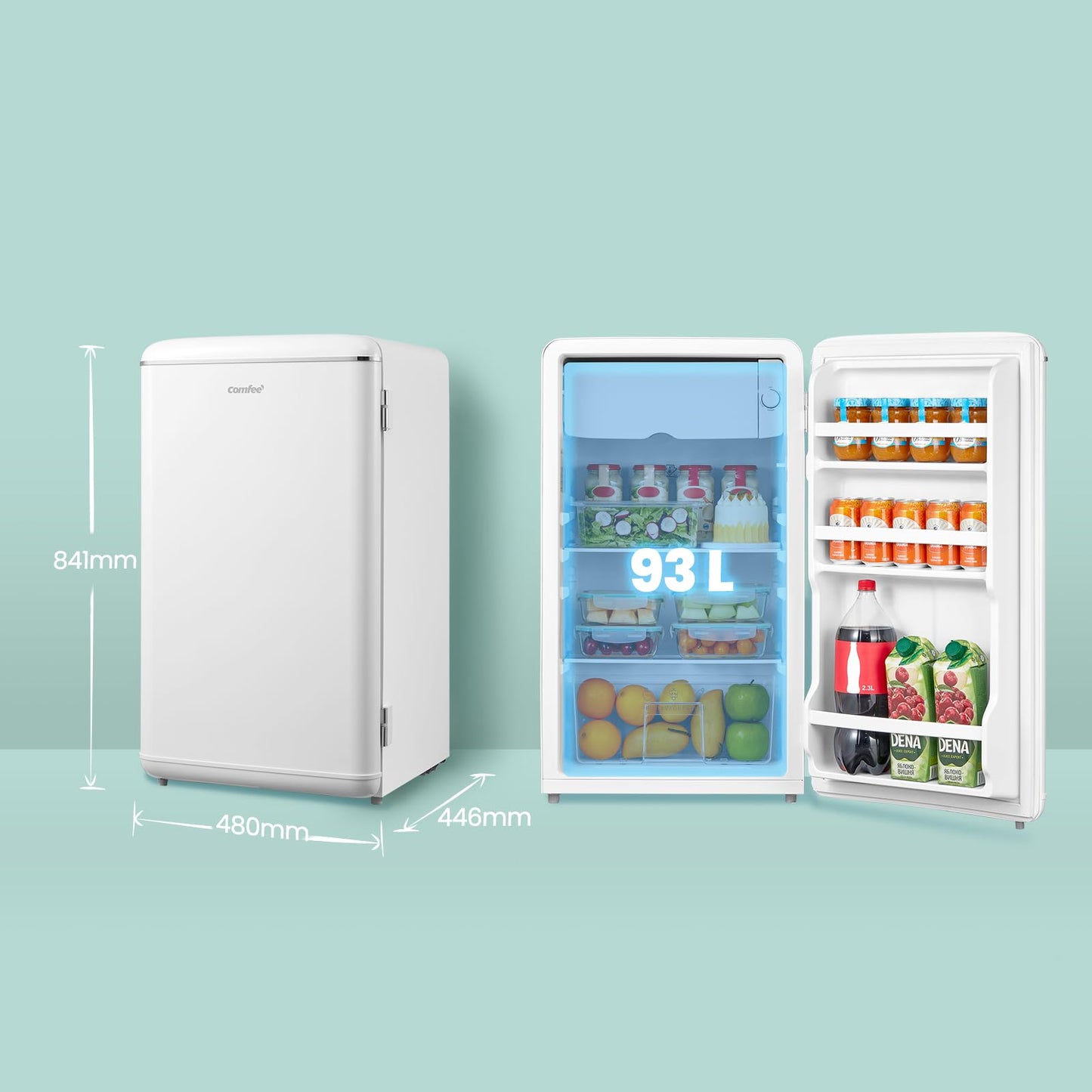 Comfee' RCD93RE2EURT(E) Kühlschrank Klein, 93 Liter Retro Kühlschrank, Mini kühlschrank mit verstellbare Thermostat, Silent, geeignet für Zuhause, Büro und Hotel, Rot