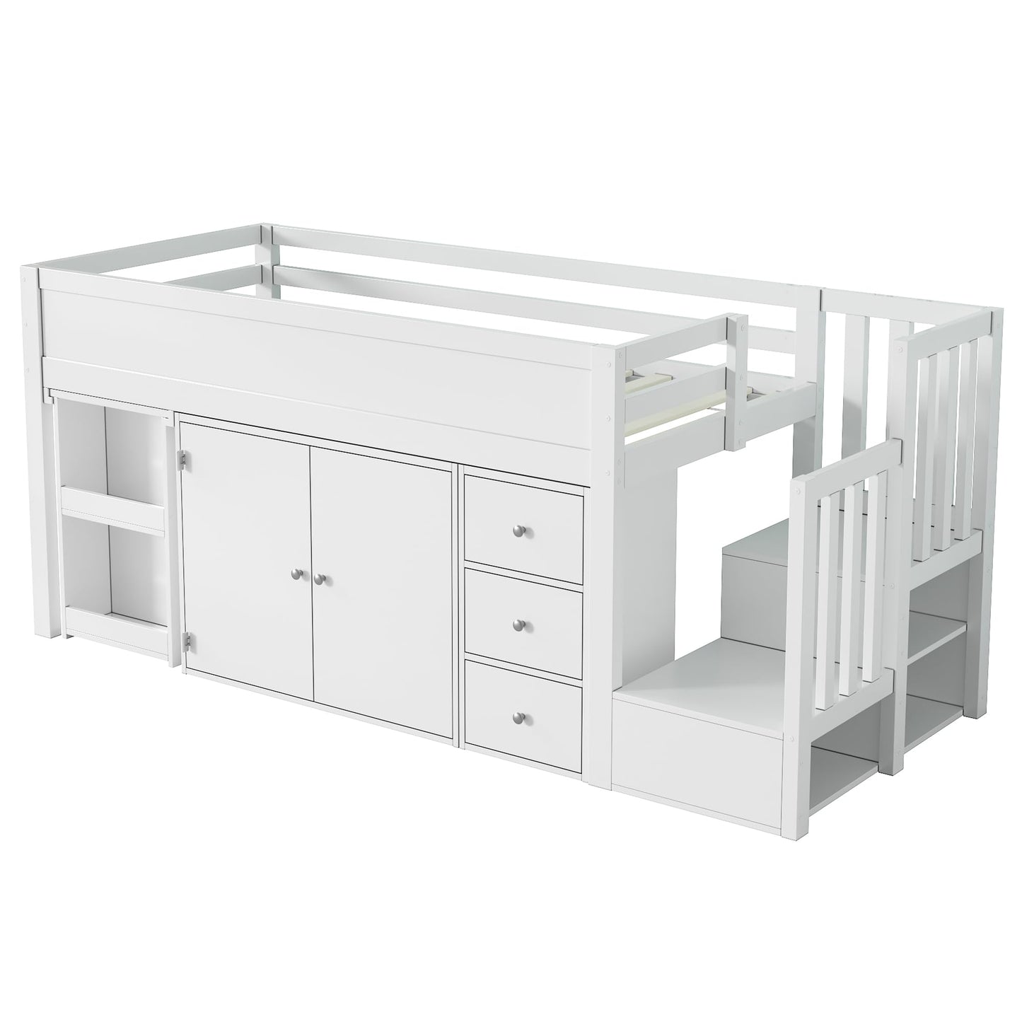 Children's Bed 90 x 200 cm, Wooden Bed with Drawers and Board, Headboard with Bookshelf and Fall Protection, Bed with Slatted Frame and Storage Space, Teenager's Bed, Functional Bed, Wooden Bed Frame,