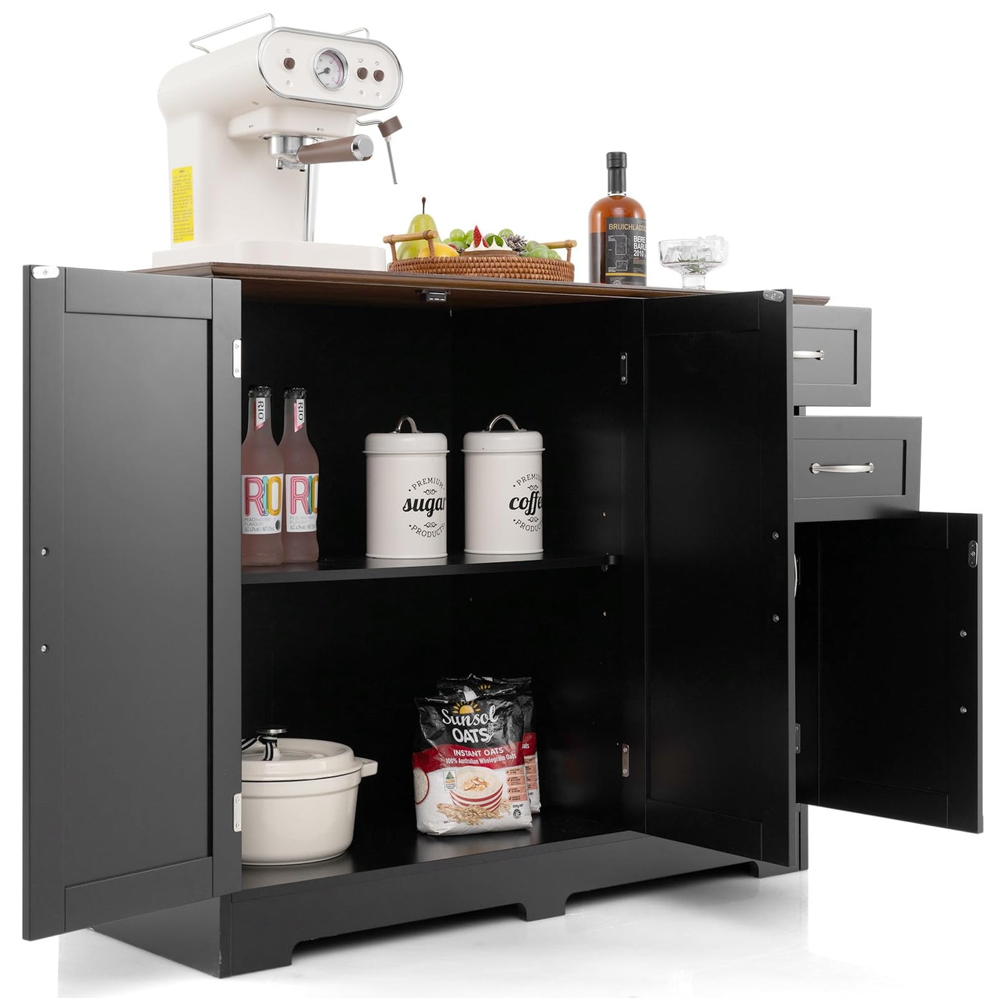 COSTWAY Sideboard, Kitchen Cabinet with Worktop 100 x 40 cm, Buffet Cabinet with Doors & Drawers & Adjustable Shelves, Kitchen Island for Kitchen, Dining Room (Black)