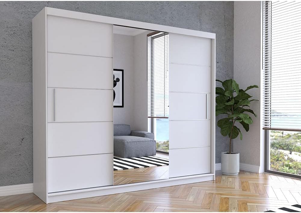 Fabryka Mebli Idźczak Kleiderschrank mit Spiegel, Schiebetüren - Weißer Schwebetürenschrank, Schlafzimmerschrank - 61 x 250 x 218 cm - Schrank für Schlafzimmer, Wohnzimmer, Garderobe