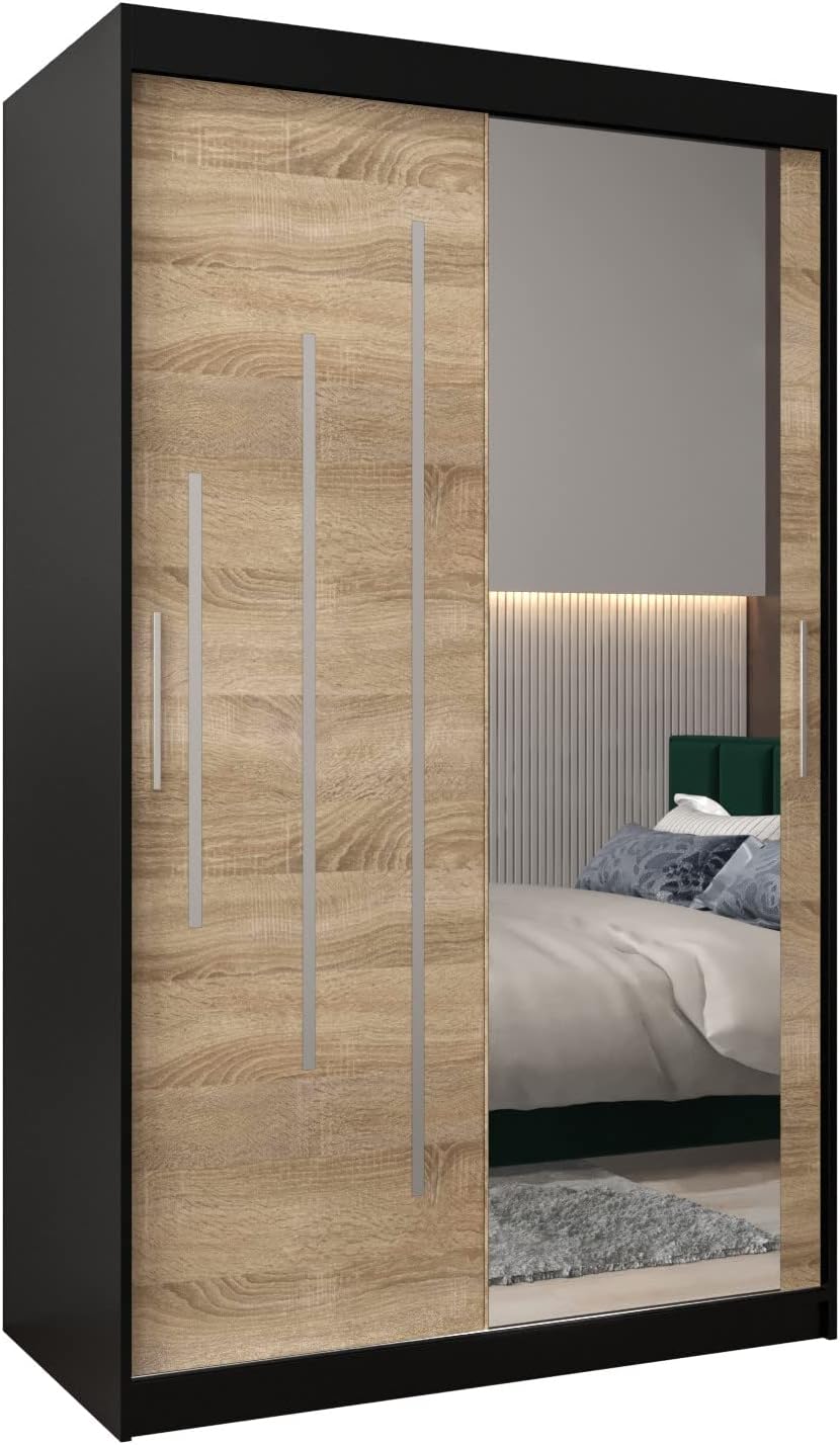MEBLE KRYSPOL Kleiderschrank mit Spiegel York 2 - Garderobenschrank - Schrank Schlafzimmer - Mehrzweckschrank Zwei Schiebetüren - Regalen - Flur Möbel - Kleiderstange Schrank - Allzweckschrank