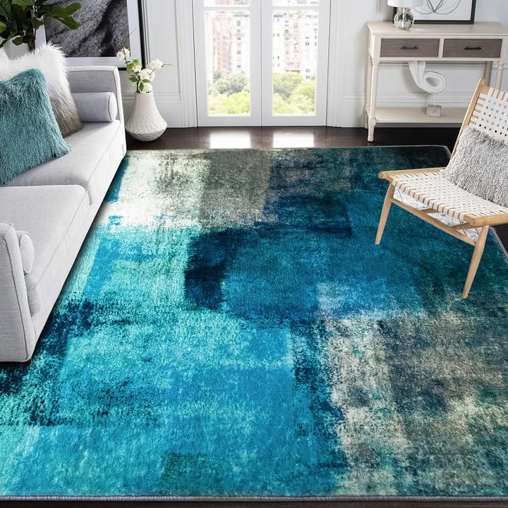 TYJDTYR Wohnzimmer Teppich 140 x 200 cm Modern Abstrakt Grau, Kurzflor, Waschbar für Schlafzimmer Esszimmer Dekorative Blau