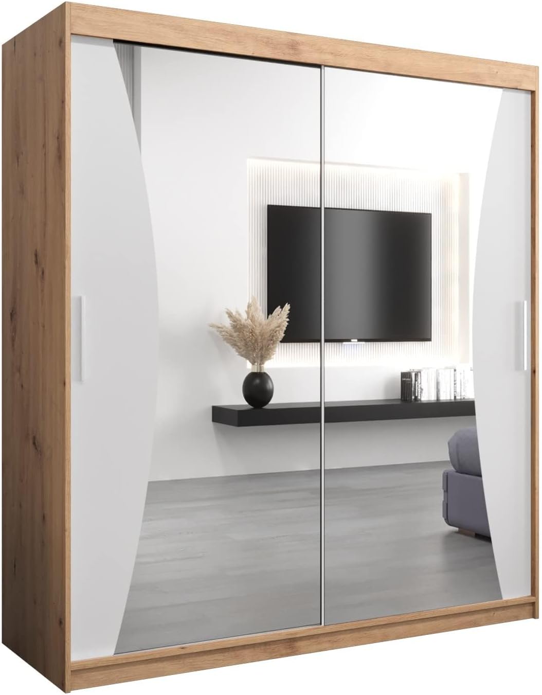 MEBLE KRYSPOL Kleiderschrank mit Spiegel Monaco - Garderobenschrank - Schrank Schlafzimmer - Mehrzweckschrank DREI Schiebetüren - Regalen - Flur Möbel - Kleiderstange Schrank - Allzweckschrank
