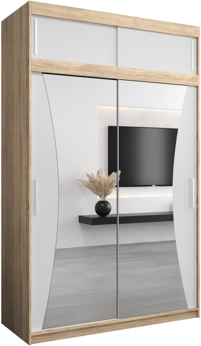 MEBLE KRYSPOL Kleiderschrank mit Spiegel Monaco - Garderobenschrank - Schrank Schlafzimmer - Mehrzweckschrank DREI Schiebetüren - Regalen - Flur Möbel - Kleiderstange Schrank - Allzweckschrank