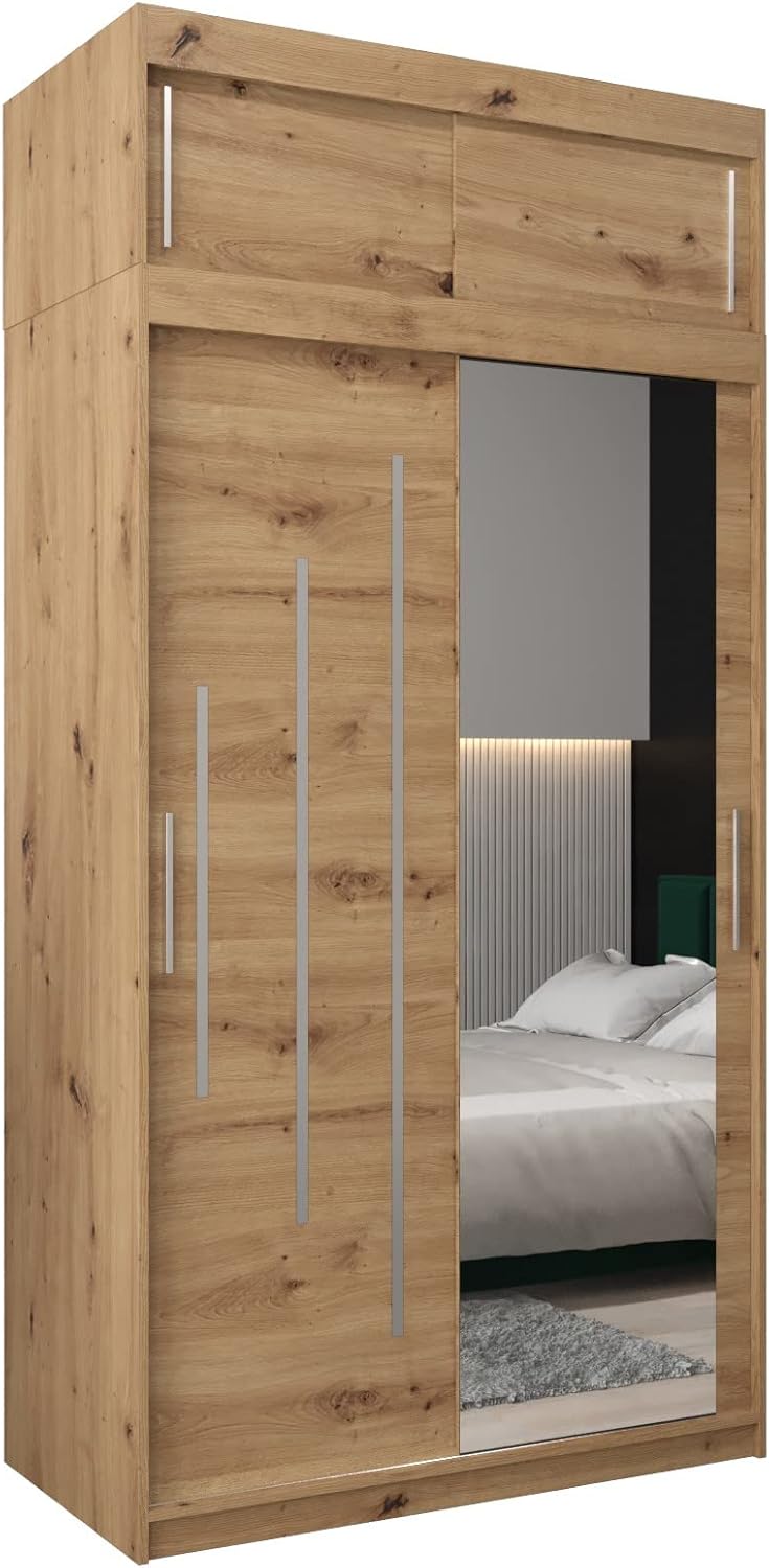 MEBLE KRYSPOL Kleiderschrank mit Spiegel York 2 - Garderobenschrank - Schrank Schlafzimmer - Mehrzweckschrank Zwei Schiebetüren - Regalen - Flur Möbel - Kleiderstange Schrank - Allzweckschrank