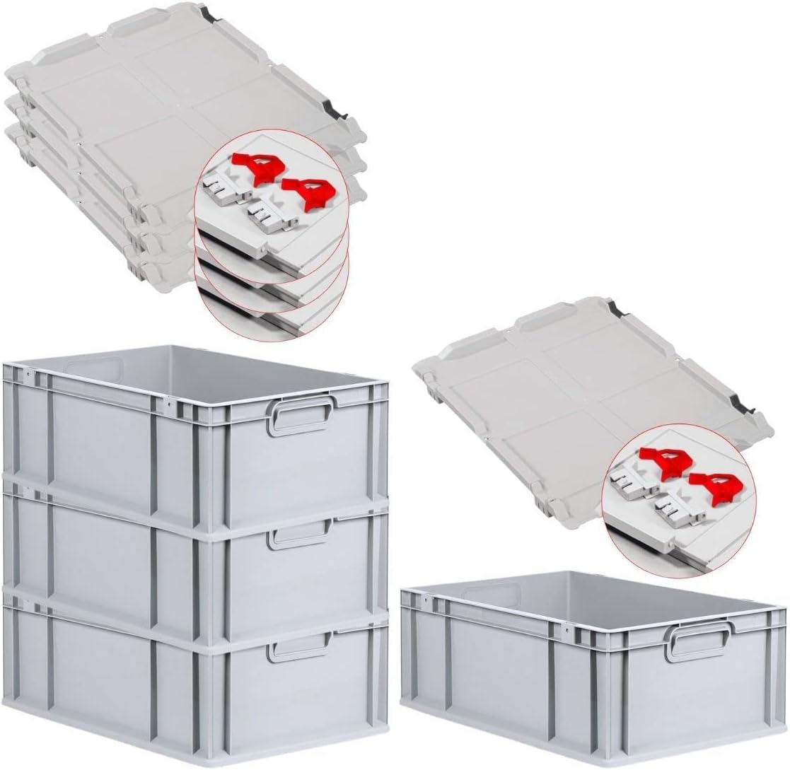 PROREGAL SuperSparSet 3 x Eurobox NextGen Grip with Lid and Yellow Clasps, H x W x D 32 x 40 x 60 cm, 65 Litres, Open Handles, Reinforced Base, Euro Container, Transport Box