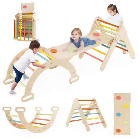 COSTWAY Kletterdreieck mit Rutsche, Kletterbogen, inkl. doppelseitige Rampe, zum Klettern, Rutschen und Wippen, 4 in 1 Klettergerüst Indoor ab 1 Jahr (Macaron bunt)