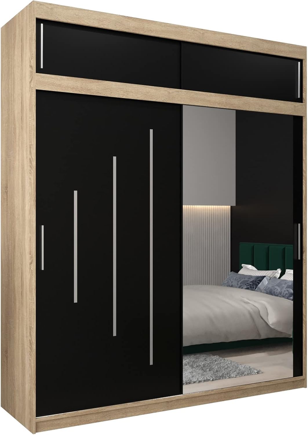 MEBLE KRYSPOL Kleiderschrank mit Spiegel York 2 - Garderobenschrank - Schrank Schlafzimmer - Mehrzweckschrank Zwei Schiebetüren - Regalen - Flur Möbel - Kleiderstange Schrank - Allzweckschrank