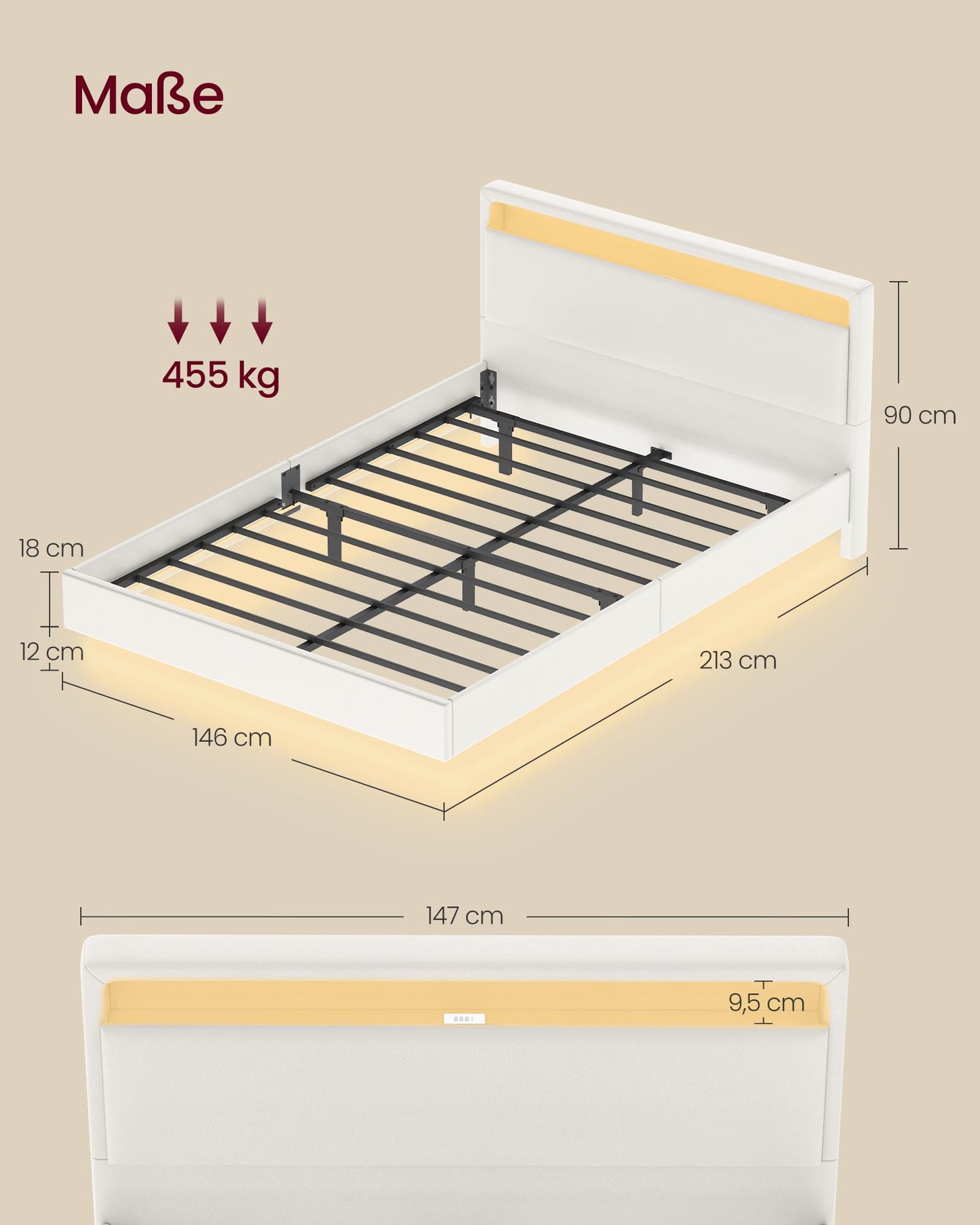 VASAGLE Double Bed Frame 140 x 200 cm Floating Visual Effect Bed with LED Lighting High Headboard Charging Station Modern Cloud White RMB864W01