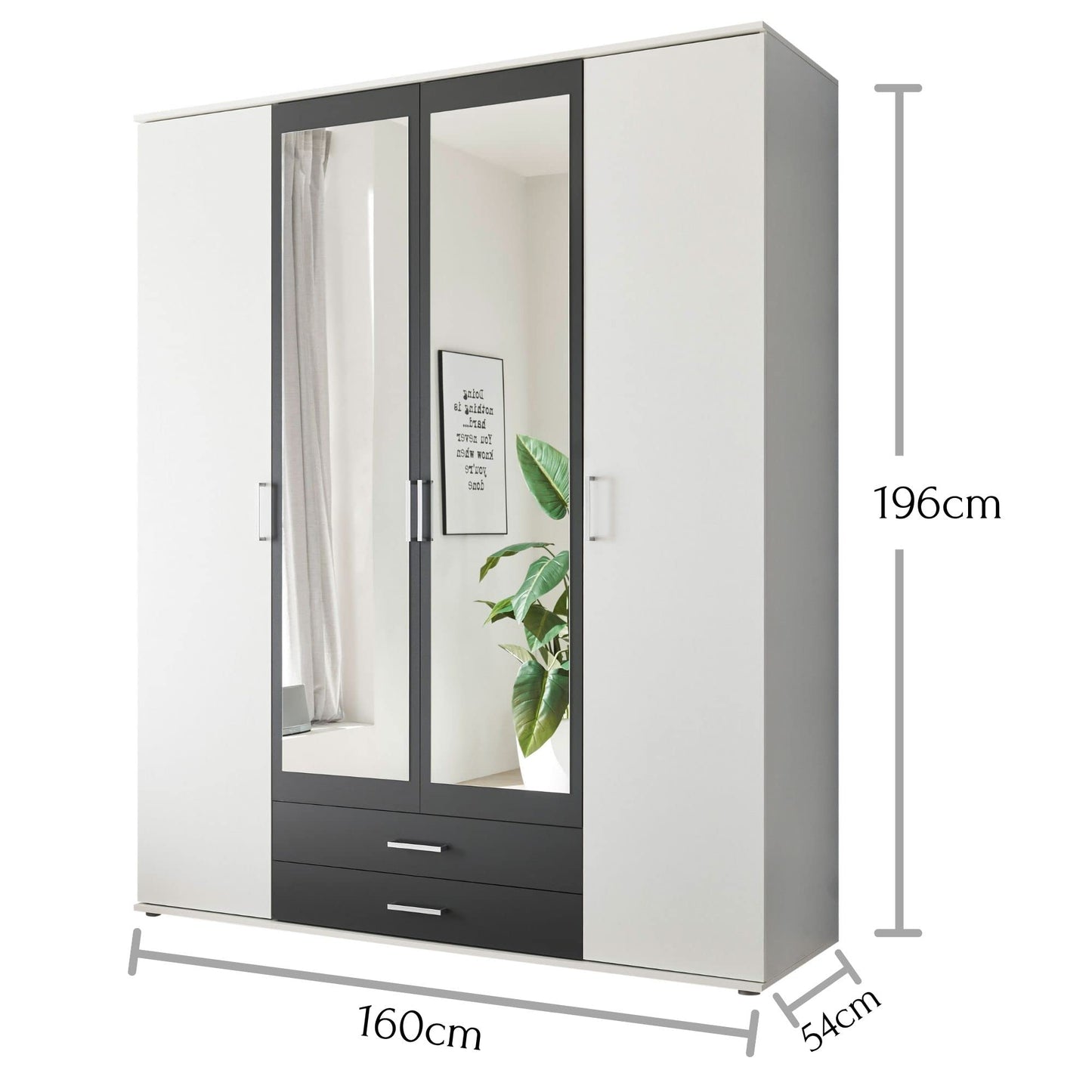 Stella Trading HANAU Wardrobe with Mirror Door in White, Graphite, Versatile Hinged Door Cupboard, 4 Doors for Your Bedroom, 160 x 196 x 54 cm (W x H x D)