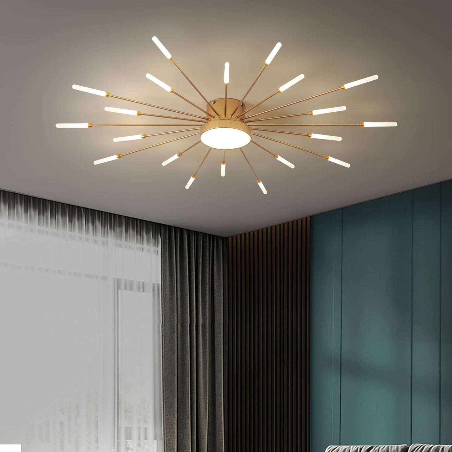 minifair Moderne LED-Deckenleuchte, 12 + 1 Köpfe, halbbündige Deckenleuchte, goldene Kronleuchter, Deckenbeleuchtung für Schlafzimmer, Wohnzimmer, Küche, Esszimmer, Restaurant