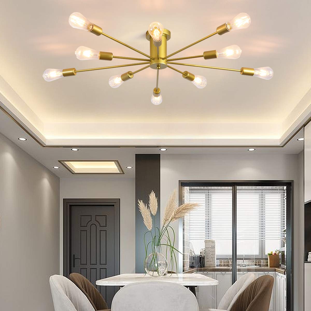 JIINOO 10 Lights Modern Chandelier Ceiling Light Gold Industrial Ceiling Lamp Medieval Semi Flush Mount Chandelier Ceiling Light for Kitchen Dining Room Living Room Bedroom Lighting