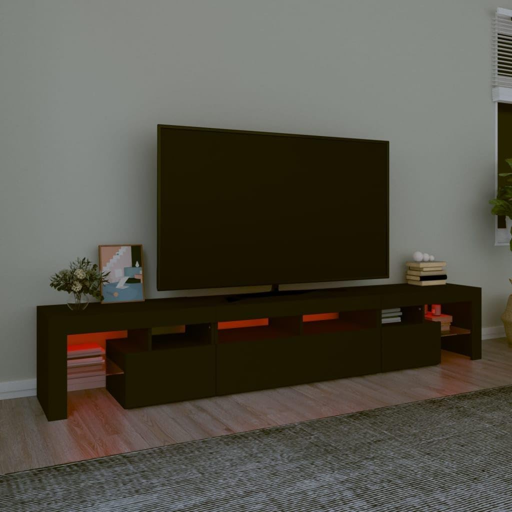 IKAYAA TV Cabinet with LED TV Cabinet, 200 cm Long, TV Lowboard, Wooden TV Table, Modern TV Table, TV Board, TV Cabinet for the Living Room, Black, 230 x 36.5 x 40 cm