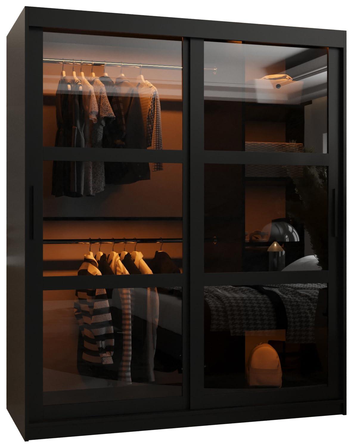 MEBLE KRYSPOL Dome 2 Schrank mit DREI Schiebetüren mit Spiegel, Stangen und Regalen - Aufbewahrungsschrank mit Rauchglas für Schlafzimmer, Wohnzimmer - 200x250x62cm - Schwarz, Schwarz, Schwarz