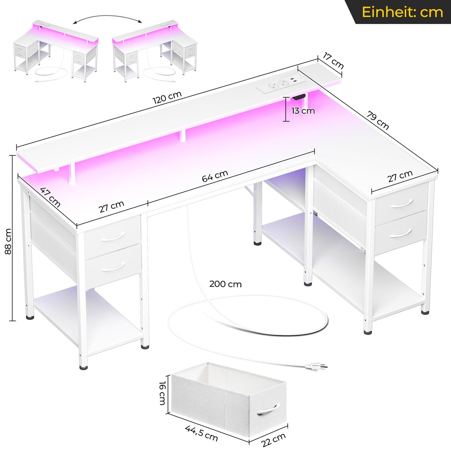 Seventable Computertisch L Form mit 4 Schubladen & Ablageflächen, Gaming Tisch mit LED & Steckdosen, Gaming Schreibtisch mit Monitorständer für Homeoffice, Schlafzimmer, Wohnzimmer (Weiß, 140 cm)